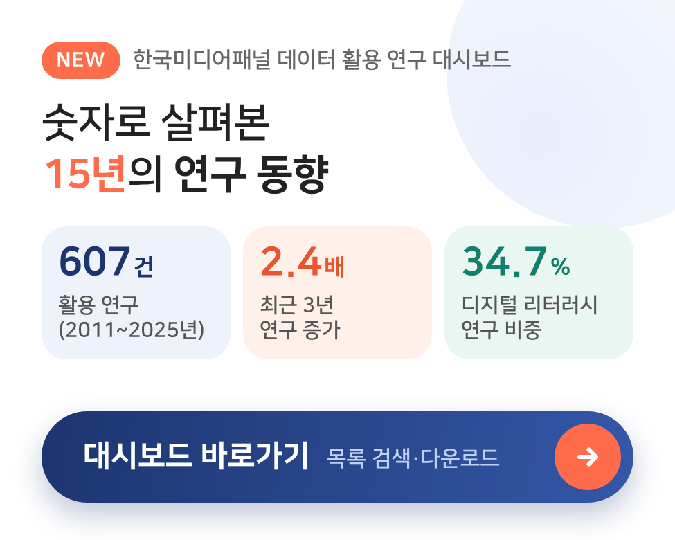 한국미디어패널 데이터 활용 연구 대시보드 바로가기(목록 검색·다운로드)